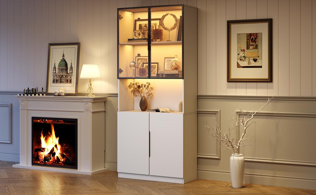 Minimalist display cabinet with glass doors, LED lights, bookshelf for collectibles, adjustable color temperature and brightness, white 80*30*200cm