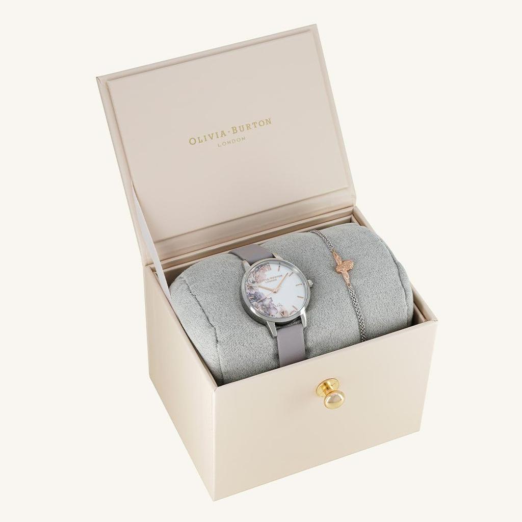 Authorized Distributor Olivia Burton Watch Water Color Floral Midi Gray Silver Rose Gold 3D Bee Chain Bracelet Silver Rose Gold Women's & & &