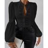 Fashion Lace Patchwork Lantern Sleeve Vintage Plus Size Shirts Women Elegant Tops Stand Hollow Out Casual Loose Blouse Women Buttons Slim Shirt 26361