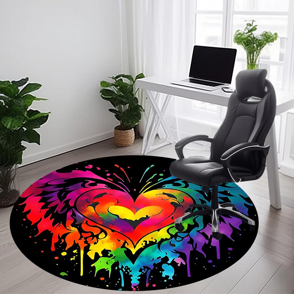 1PC Heart Rainbow Office Round Area Rug,  Mat Suitable ForOffice, Under Office Chairs Bedroom Living Room Home Decor, Room Deco
