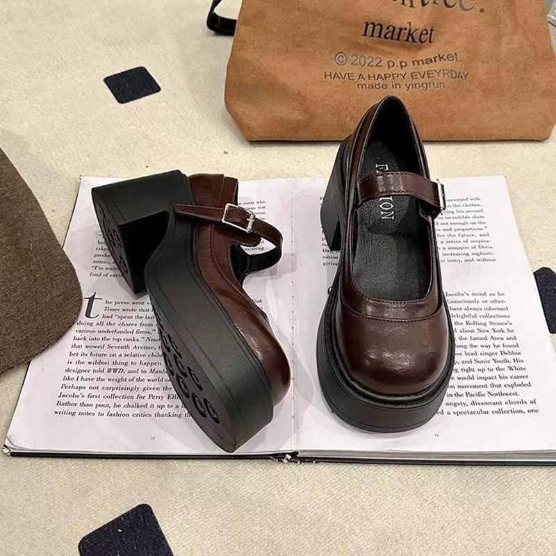 Shallow Single Shoes Women's Platform Autumn New Black British Retro College Style Thick Heel Mary Jane Small Leather Shoes