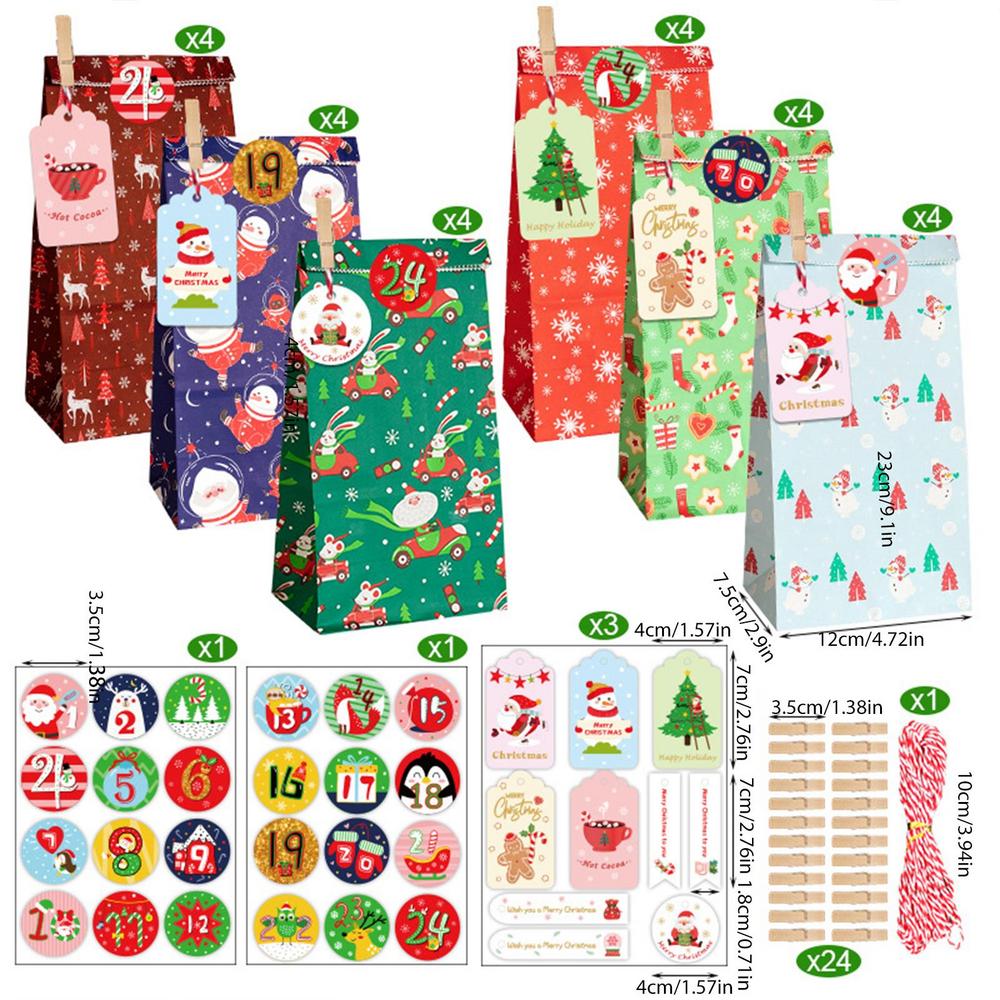 Рождественские упаковочные пакеты для подарков, рождественские украшения, крафт-бумага, 24 шт., рождественские упаковочные пакеты, подарочные пакеты для вечеринок