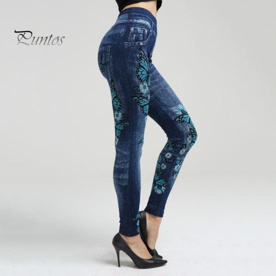 Fitness Pants High Waist Multi Pockets Butterflies Floral Print Leggings Push Up Imitation Jeans Skinny Women Yoga Activewear Sports