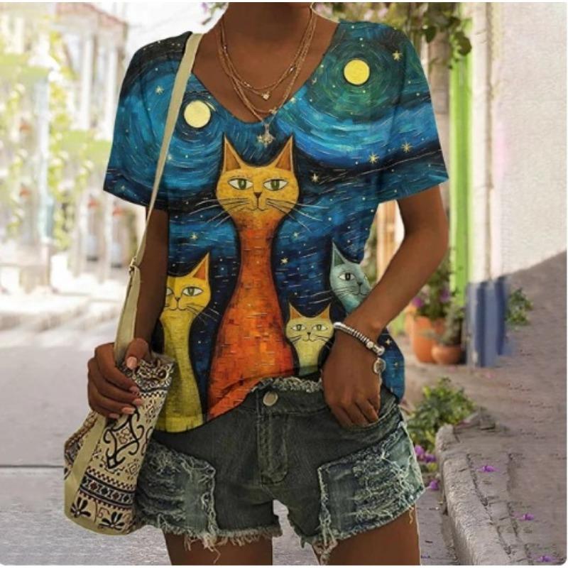 Summer V-neck 3D Animal Flower Printed Top Fashionable Casual Short Sleeved Women's T-shirts