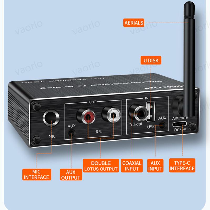 VAORLO Bluetooth 5.3 Audio Receiver+Coaxial DAC Converter+USB U-Disk Play+6.5 Micrphone Karaoke Wireless Adapter 3.5MM AUX RCA