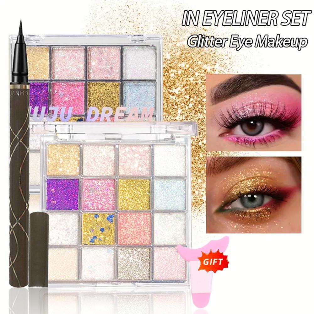 16- Glitter Eyeshadow – Pumpkin, Cherry, Blue, Purple Shades, Bold Party Looks, Long-Wear, Certified, Unisex, Skin-Friendly