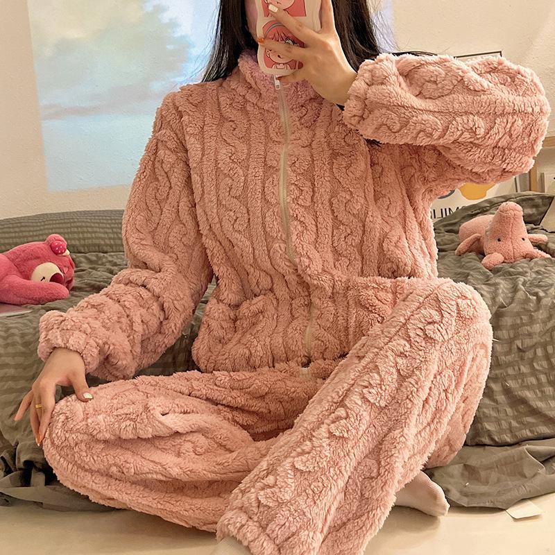 Женский фланелевый пижамный комплект на молнии — высокий воротник, плотный теплый флисовый костюм кораллового цвета для осени и зимы.