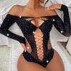 Sexy Hollow Out Long Sleeve Bodysuit With Rhinestone Decoration For Nightclub Party