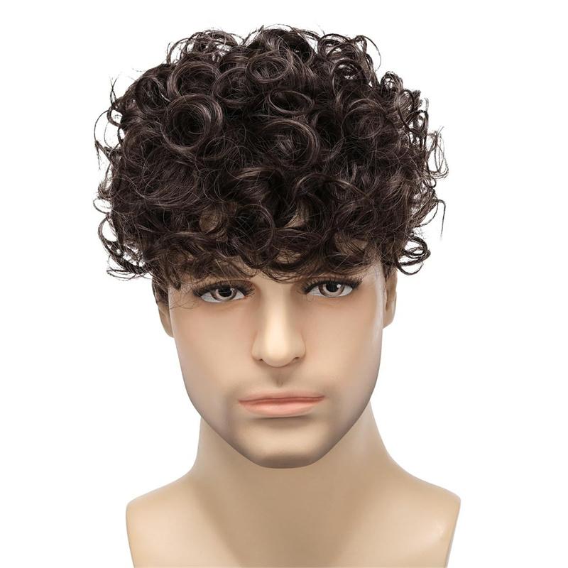 Mens Ombre Wigs Synthetic Short Afro Curly Wig Realistic Black Man Hair Replacement Wig with Bangs Daily Costume