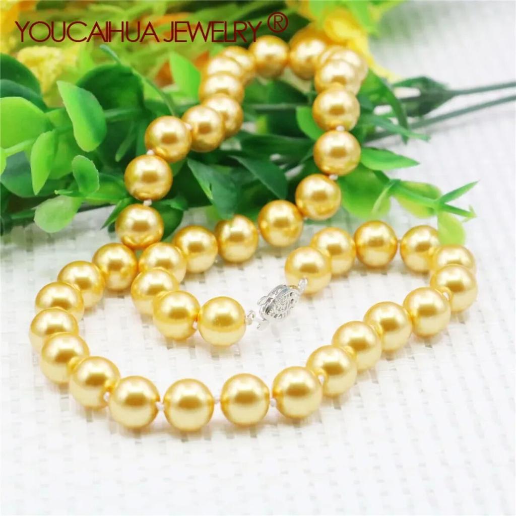 10mm Round Gold Color Pearl Shell Necklace Women Girls Hand Made Jewelry Making Design Fashion Accessory Gifts for Girls Mother
