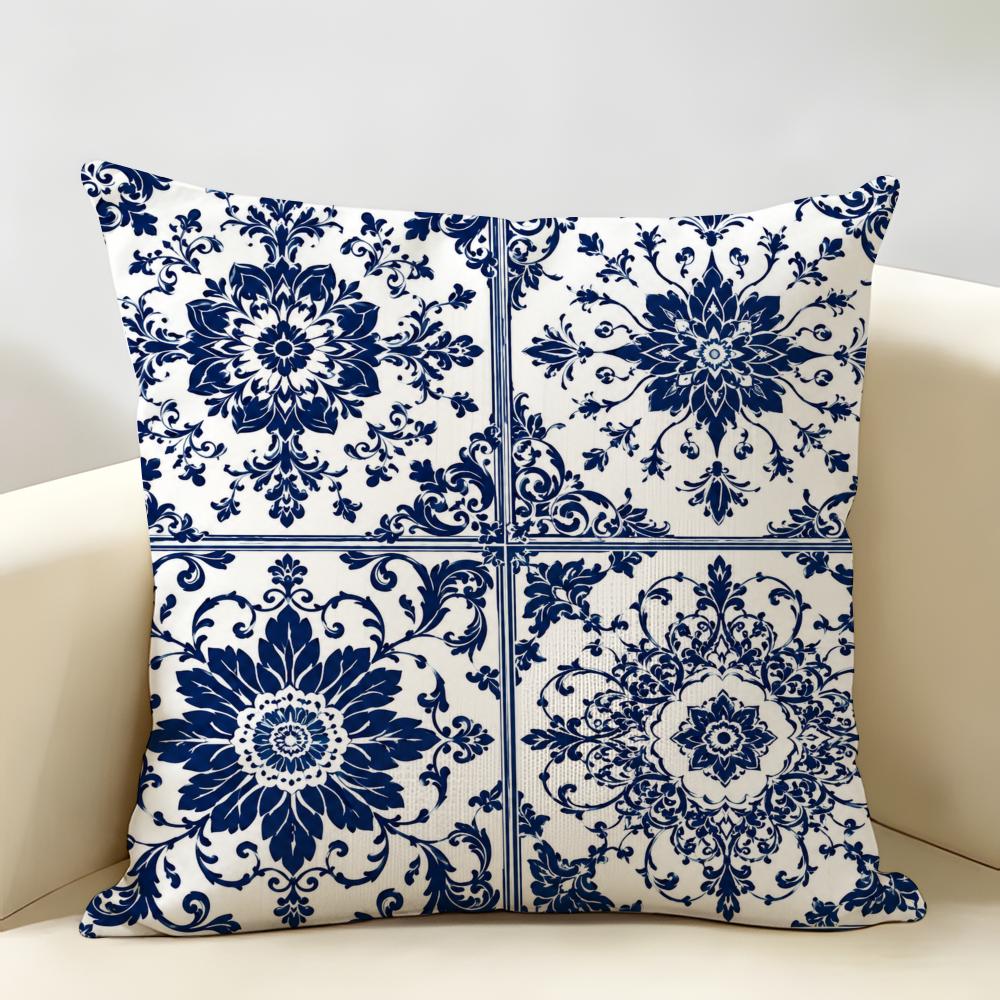 Ethnic Style Blue Floral Pattern Cushion Cover Durable Hypoallergenic Organic Linen Pillow Cover Washable SkinFriendly
