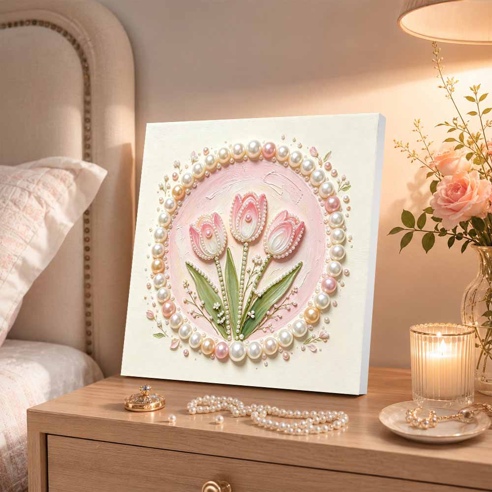 Pearl painting kit DIY pink tulip flowers aesthetic art home or office wall decoration