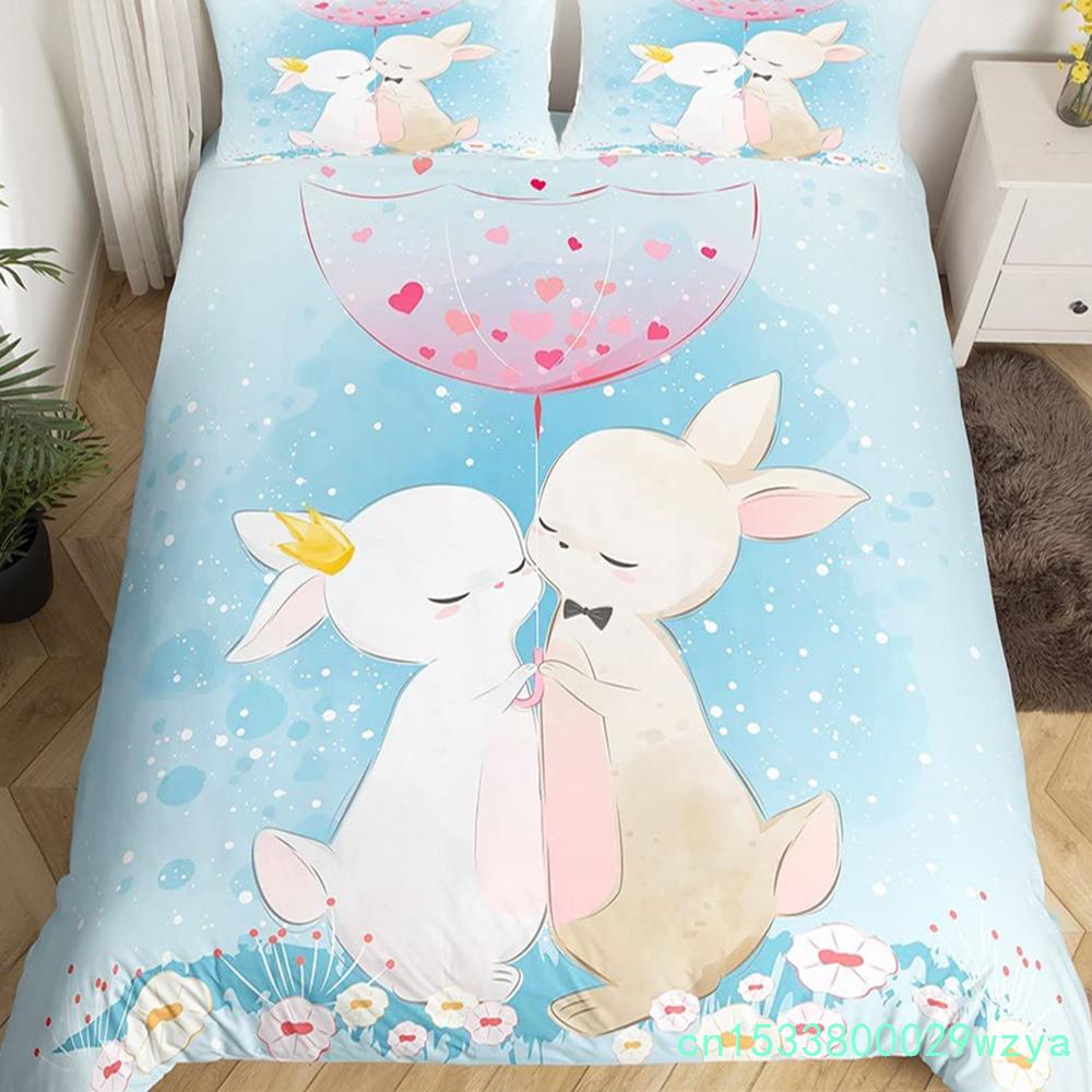 Cartoon Rabbit Duvet Cover Twin Cute Animal On The Moon Quilt Cover Microfiber Cloud Galaxy Space Bedding Set For Boy Girl Gift