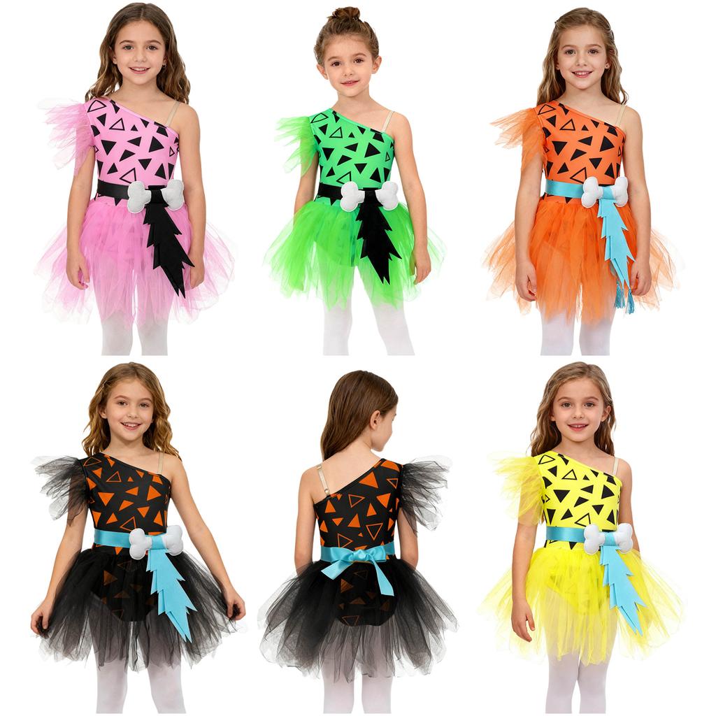 Girls Cavegirl Outfit Patchwork Tutu Dress Adjustable Strap Mesh Short Sleeve Built In Briefs 3D Bone Belt Prehistoric Costume