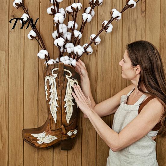 Western Cowboy Boot Wall Decor Wooden Boots Planter for Indoor Plants, Flower Hanging Vase Themed Store Art Faux Flower, Rustic Home Bathroom Bedroom