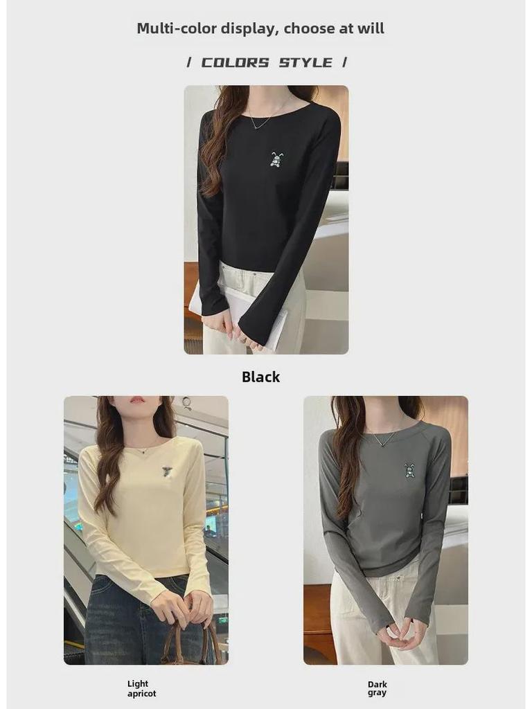 Женский топ из хлопка с длинными рукавами и круглым вырезом, осень 2024 года, вышитый