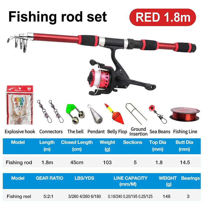 Fishing Rod Reel Combo 1.8m Telescopic Full Set Heavy Duty Rust Proof for Freshwater River Lake Fishing