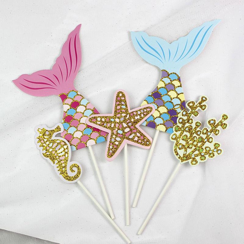 5Pcs/Set Cute Mermaid Tail Starfish Coral Seahorse Cake Toppers Party Supplies