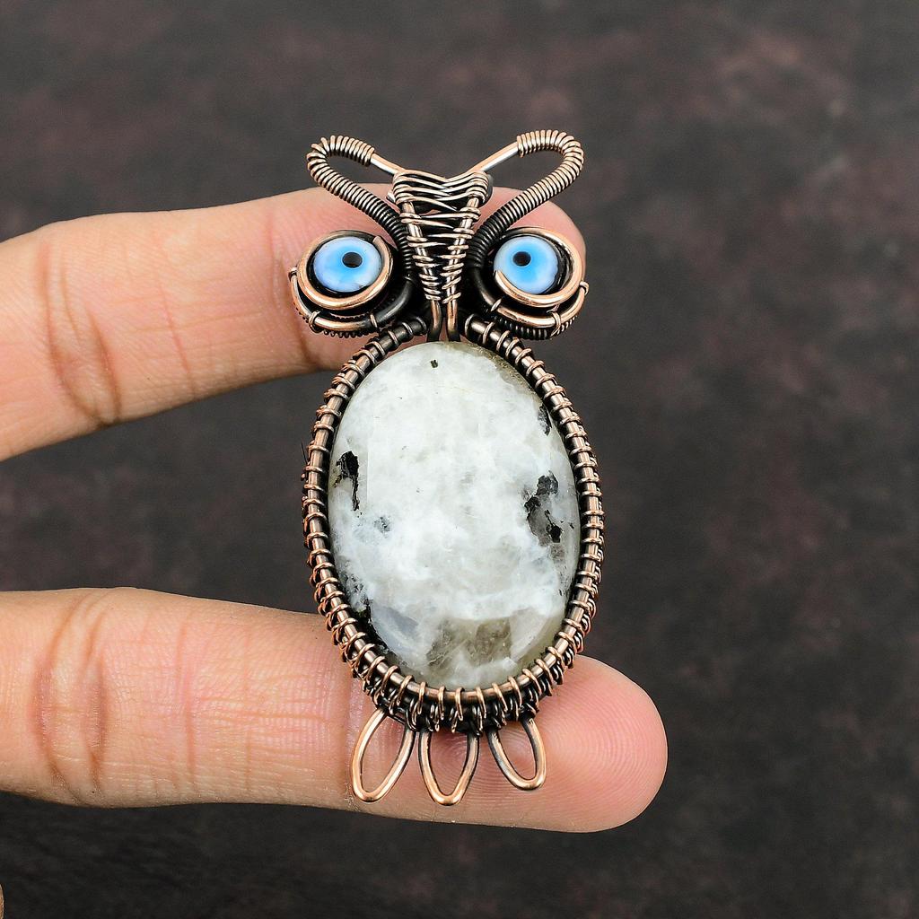 Rainbow Moonstone Pendant Copper Wire Wrapped Gemstone Pendant Owl Design Jewelry Black Color Evil Eye Pendant Handmade Copper Wire Jewelry