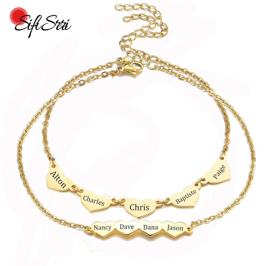 Sifisrri Customized Heart Family Name Bracelet For Women Men Stainless Steel Personalized Nameplate Gold Color Jewelry