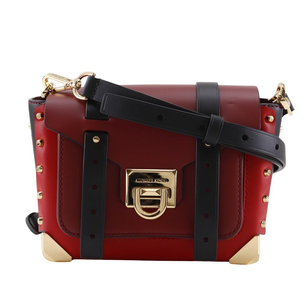 Michael Kors Manhattan Small Shoulder Bag Studs Color Block Red Leather Women Used