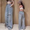 Джинсы для девочек-подростков, весна-осень, повседневные широкие брюки, свободные рваные детские ретро-брюки, брюки для школьников