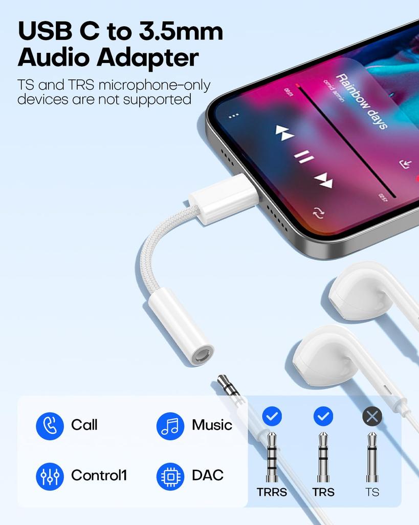NNBILI 1-2 шт. Адаптер USB C на разъем для наушников 3,5 мм Кабель-переходник USB C на Aux для iPhone 15 Pro Max iPad Pro MacBook Samsung