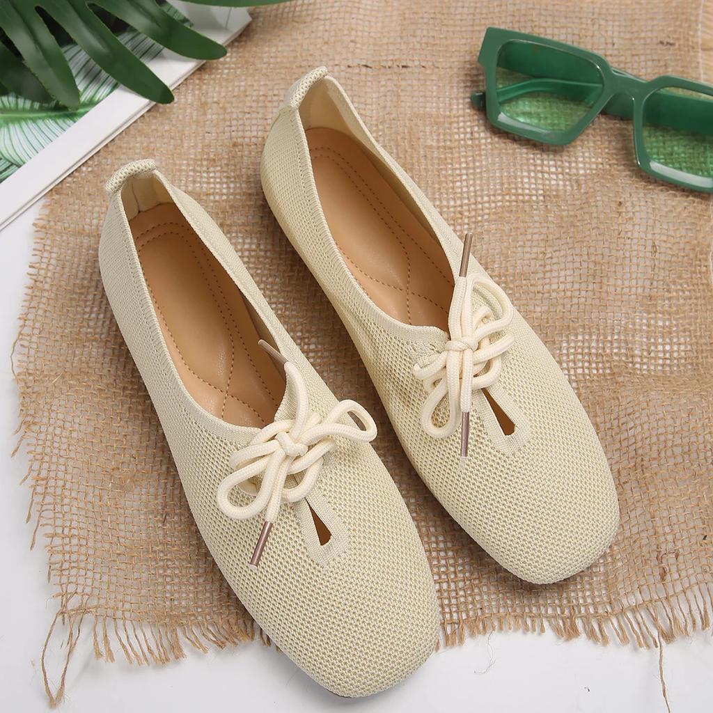 2024 осенние сетчатые дышащие женские туфли на плоской подошве, однотонные простые балетки на плоской подошве, женские повседневные прогулочные туфли на шнуровке для женщин