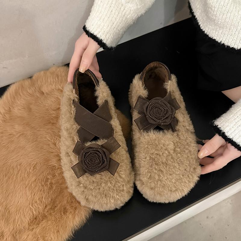 Fur Flower Women Flats Loafers Shoes Warm Cotton Fluffy Slippers 2025 Trend Winter Warm Snow Boots Sneakers Ballet Dance Shoes