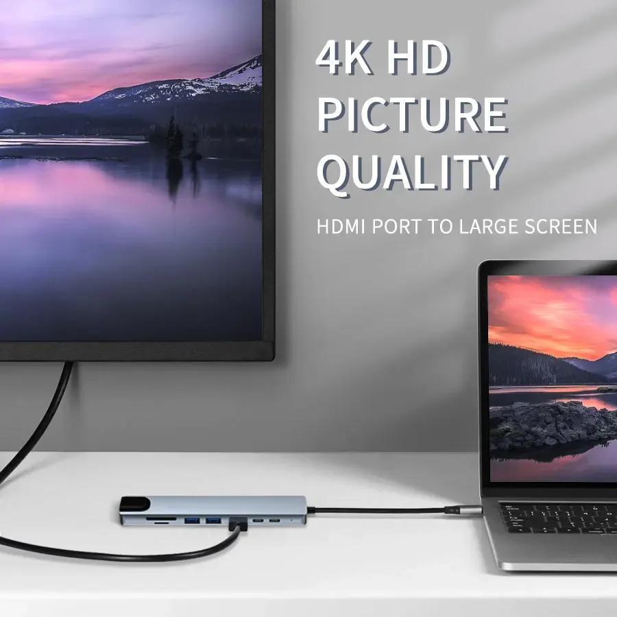 USB C HUB 8 в 1 4K HDMI 87 Вт PD Порт USB 3.0 2.0 Док-станция RJ45 Кардридер SD/TF для MacBook Ноутбука Компьютера
