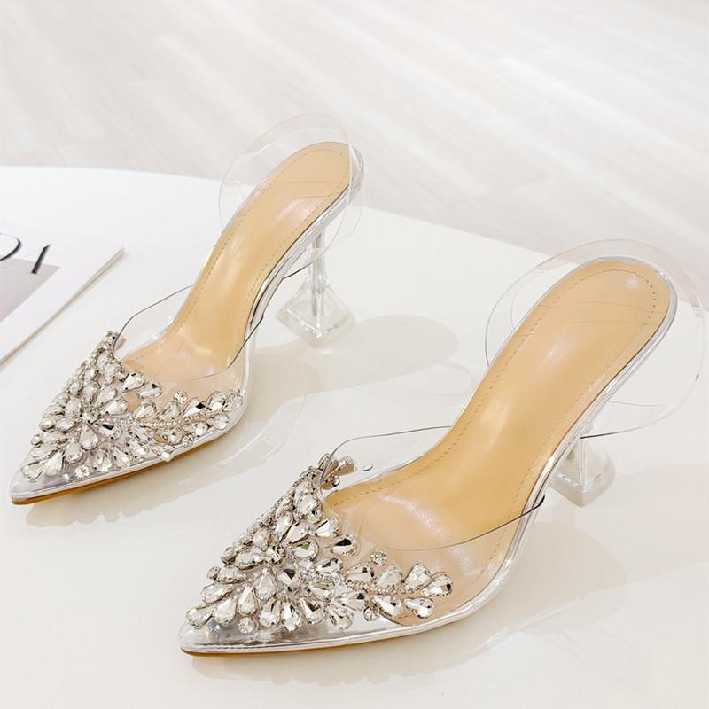 Роскошные женские сандалии из прозрачного ПВХ со стразами, с острым носком и тонким каблуком, дизайнерские сандалии, летняя мода, сексуальная банкетная обувь для платья