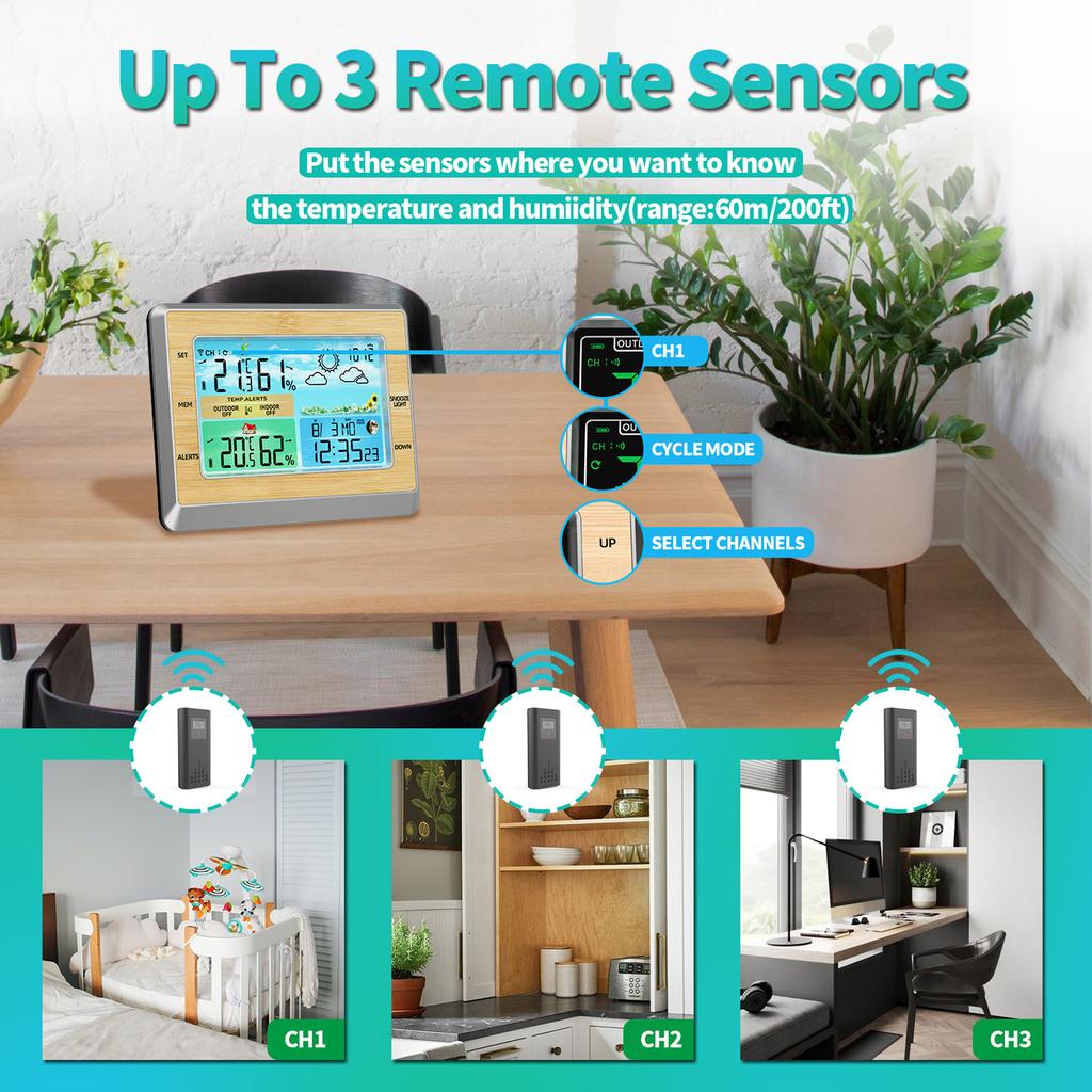 Weather Station Wireless Indoor Outdoor Thermometer 6 Inch Color LED Display Temperature Humidity