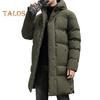 Men Cotton Coat Hooded Drawstring Long Sleeve Mid-length Down Jacket with Pockets Solid Color Thickened Puffer Coat