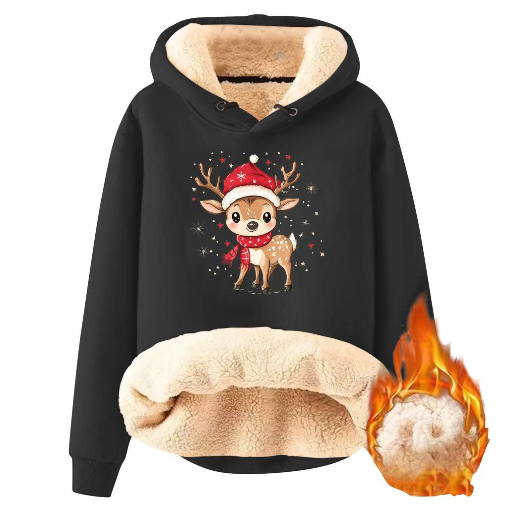 Women's Fashion Hooded Padded Thickened Warm Christmas Printed Loose Pullover Sweatshirt