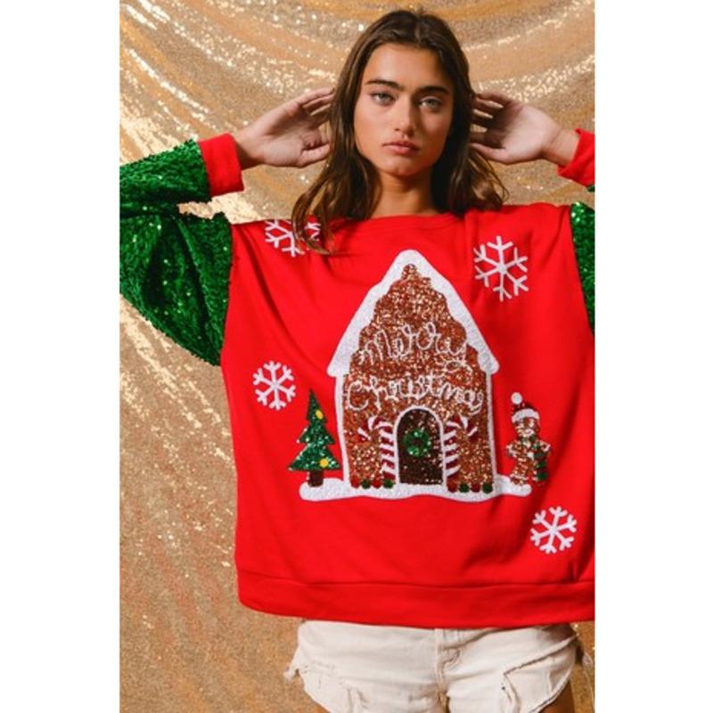 Christmas Glitter Hoodie Stylish Women's Christmas Tree Long Sleeve Top Cute Gingerbread Man Casual T-Shirt Chic Holiday Attire