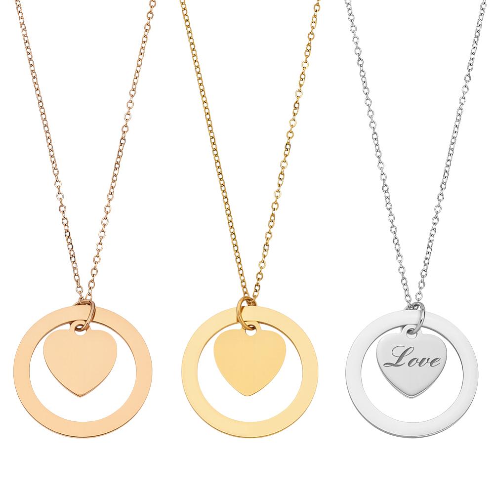 3Pcs 3 Colors 304 Stainless Steel Pendant Necklaces Flat Round with Heart Mixed Color 17.72 inch(45cm) 1pc/color