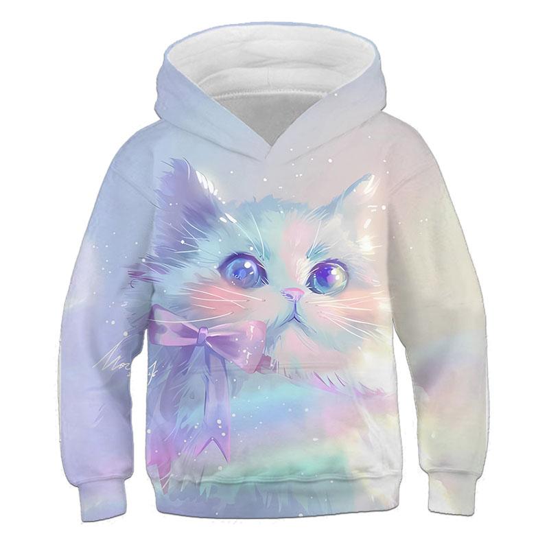Толстовка с капюшоном и длинными рукавами для девочек, милый 3D-рисунок кошки, детская повседневная уличная кофта на весну и осень