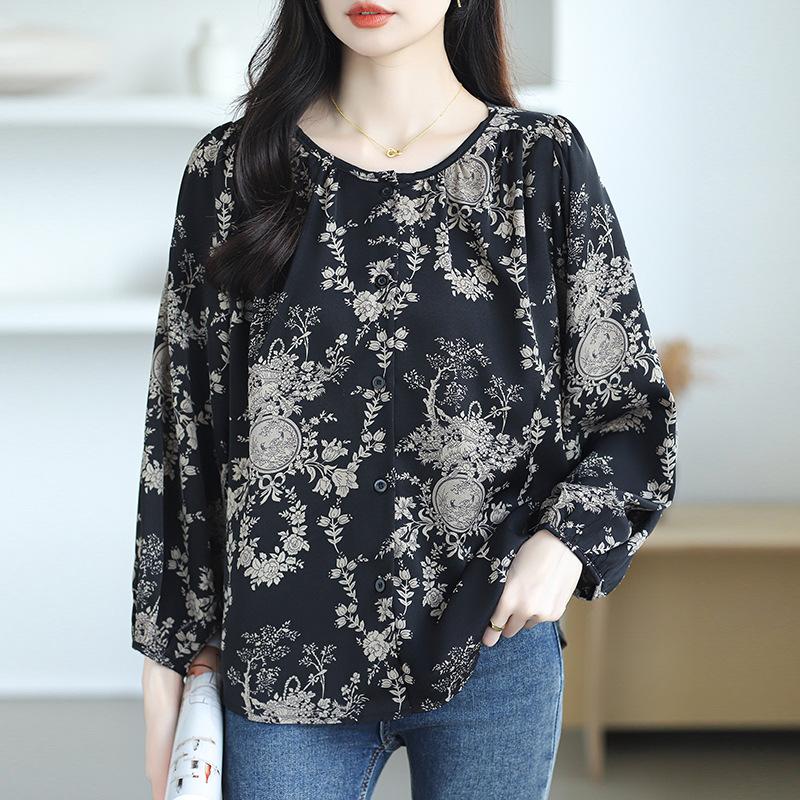 Цветочная шифоновая рубашка для женщин с длинными рукавами, свободный крой, утягивающий живот, прикрывающий антивозрастной топ для женщин, рубашка