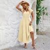 Women Summer Casual V-Neck Slim Dress Solid Color A-Line High Waist Layered Long Dresses Spring Short Lotus Leaf Sleeve S-XL
