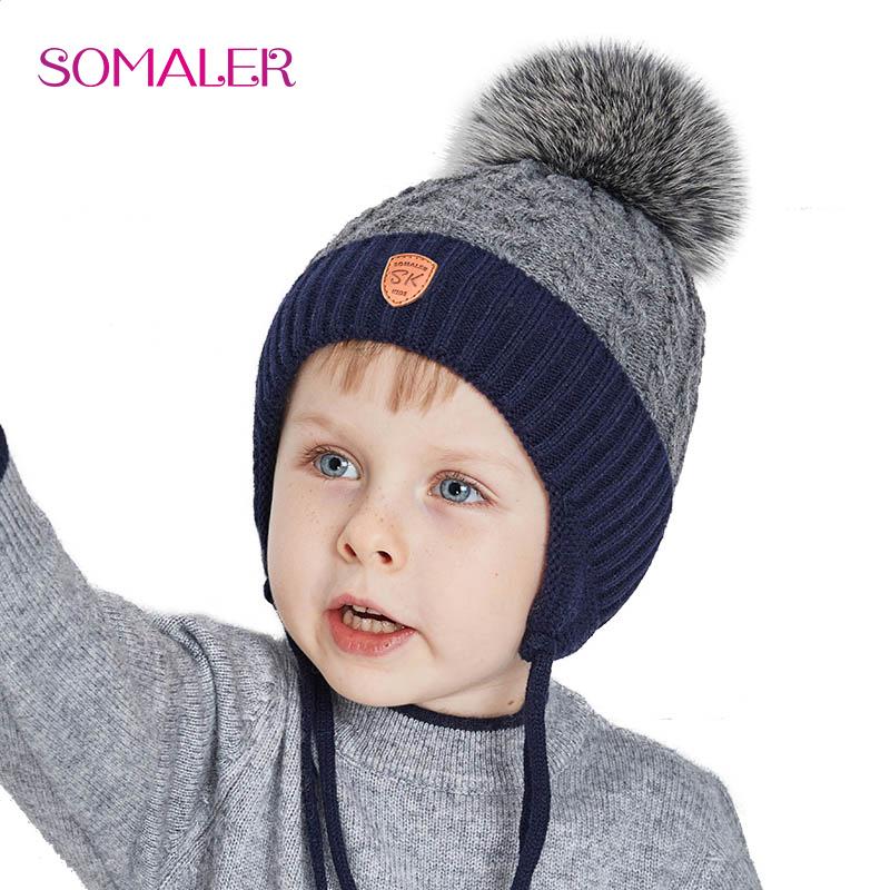 SOMALER Winter Baby Hat Real Fox Fur Pom Hat Knitted Boy Cap Cotton Earmuff Hat WarmThick Kid Beanie