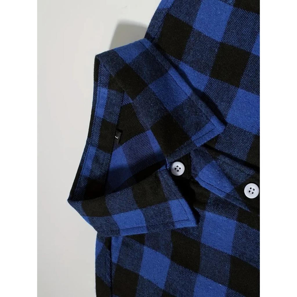 Мужская повседневная рубашка в клетку свободного кроя с воротником и карманами - Длинный рукав