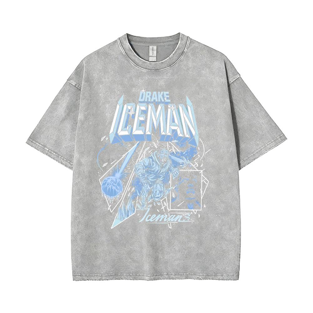 Горячая Распродажа Рэпер Дрейк ICEMAN Стиранная Винтажная Футболка Мужчины Женщины Хип-Хоп Модный Тренд Футболки Топы Мужские Летние Оверсайз Футболки
