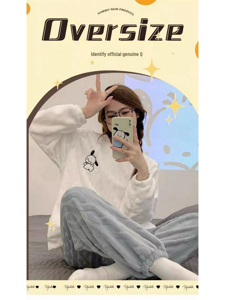 Женский зимний пижамный комплект из кораллового флиса: Милый, Утепленный, На велюровой подкладке, С длинным рукавом, Свободный фланелевый домашний костюм, Можно носить на улице