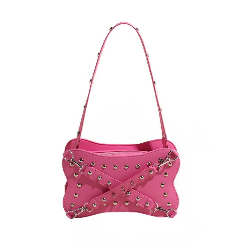 Твердые сумки через плечо на молнии, универсальные новые модные брендовые сумки с заклепками для женщин, популярные роскошные дизайнерские женские сумки