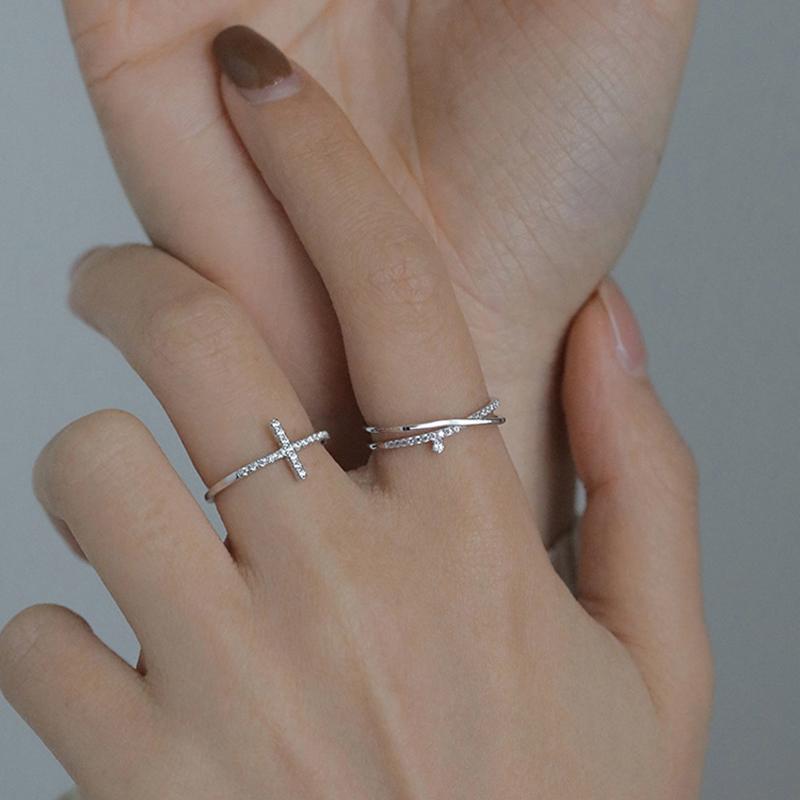 Korean Zircon Ring Personality Cross Open Adjustable Finger Rings for Women Silver Jewelry Accessories Party Gift