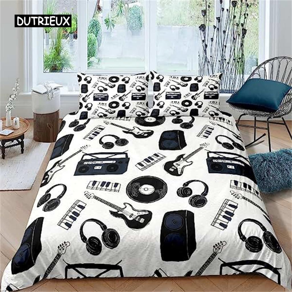 Комплект постельного белья с музыкальным принтом, винтажный блюзовый пододеяльник, гитарные пластинки старой школы, пододеяльник с 2 наволочками, украшение для комнаты размера «queen-size»
