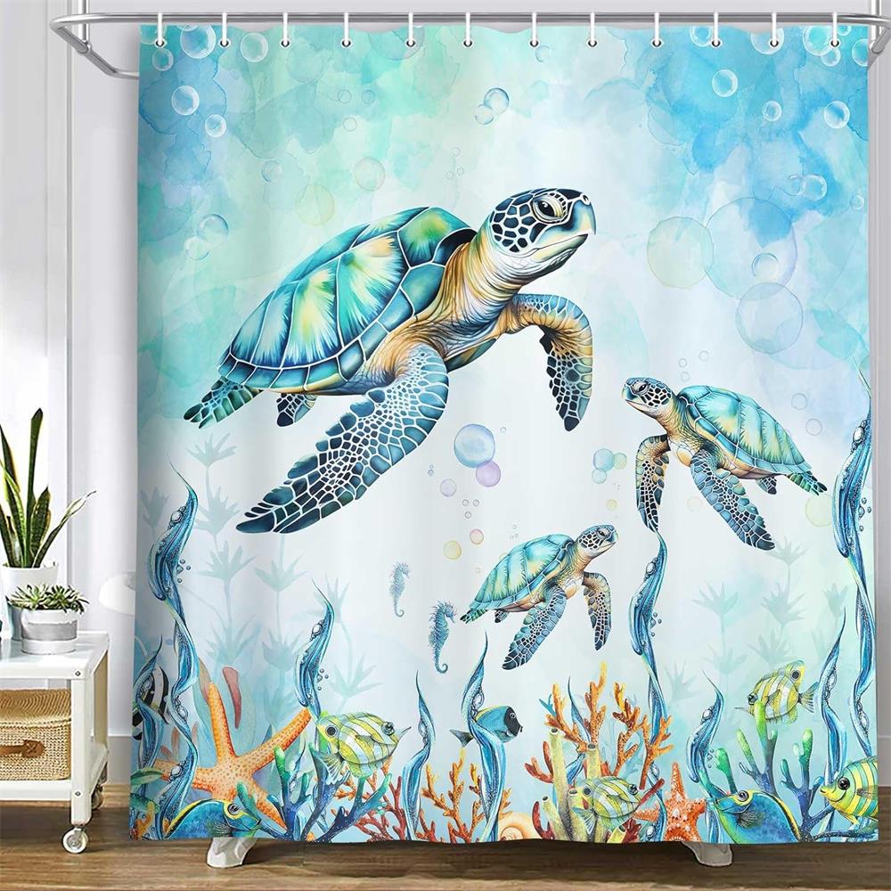 Sea Turtle Shower Curtains Watercolour Ocean Animals Fish Coral Water Plants Underwater Scenery Home Bathroom Curtain Decor Set