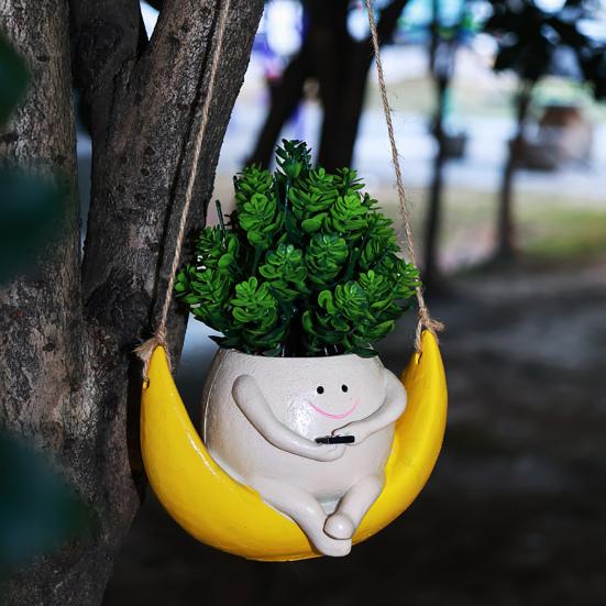 Качающийся лунный горшок из смолы с подвесным лицом и головой, желтый лунный цветочный горшок