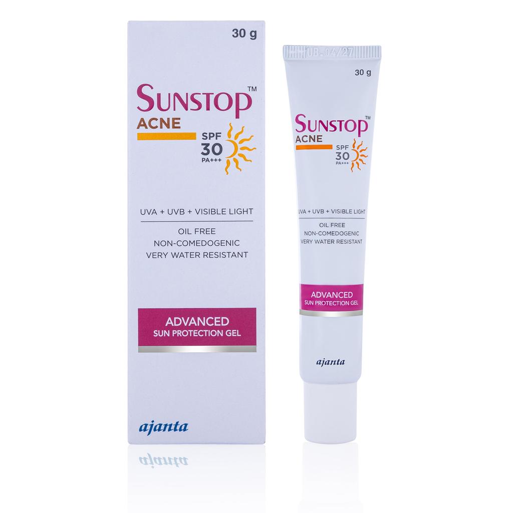 SUNSTOP Гель от акне SPF - Солнцезащитный крем с матирующим эффектом и контролем жирности для жирной/склонной к акне кожи (Диоксид титана, ТИНОСОРБ S) - Некомедогенный, Дорожный формат