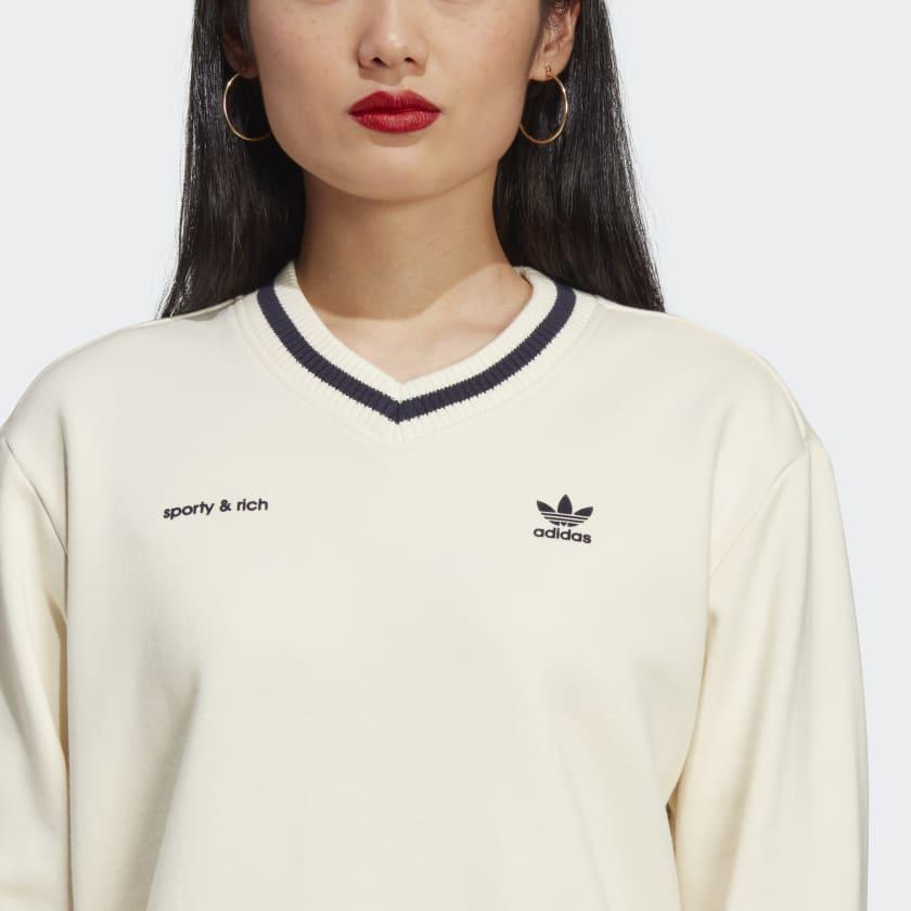 adidas Originals x Sporty & Rich в полоску с логотипом бренда, укороченный свитер с v-образным вырезом, женский свитер, белый IN5247